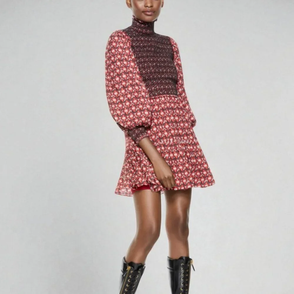 Alice + Olivia Elvira Smocked Mock Neck Mini Dress Size 10 - Picture 3 of 16